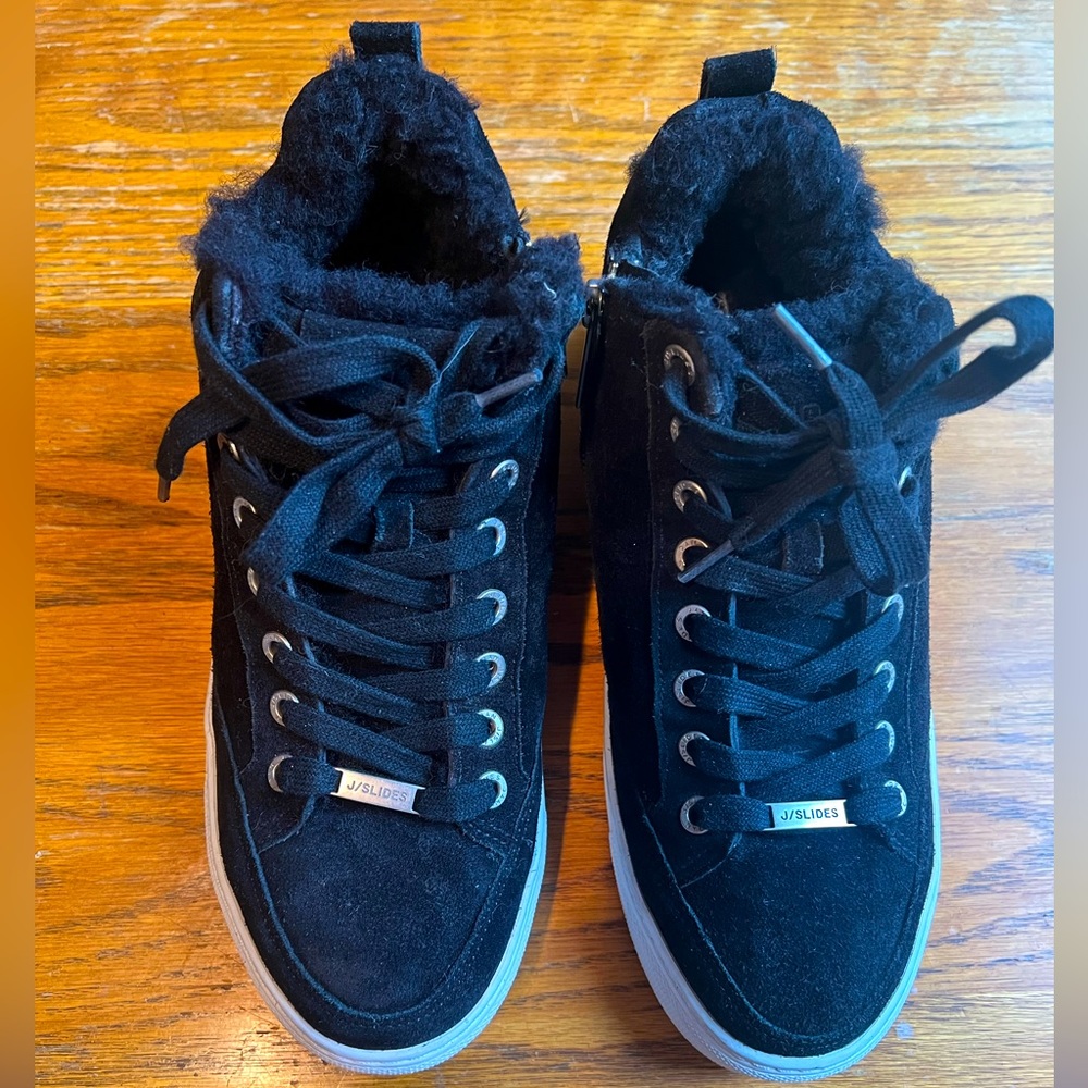 J Slides Black Suede Lace-Up Sneakers with Fur Collar